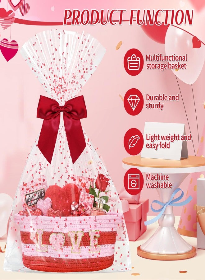 Vynium 2 Set Valentine Day Woven Gift Basket Empty, Red Small Woven Basket Gift Set with Bow, Greeting Card, Heart Tissue Paper, 12''x 8''x 5'' Red Gift Basket with Handles for Wedding Birthday Home Decor - Image 5